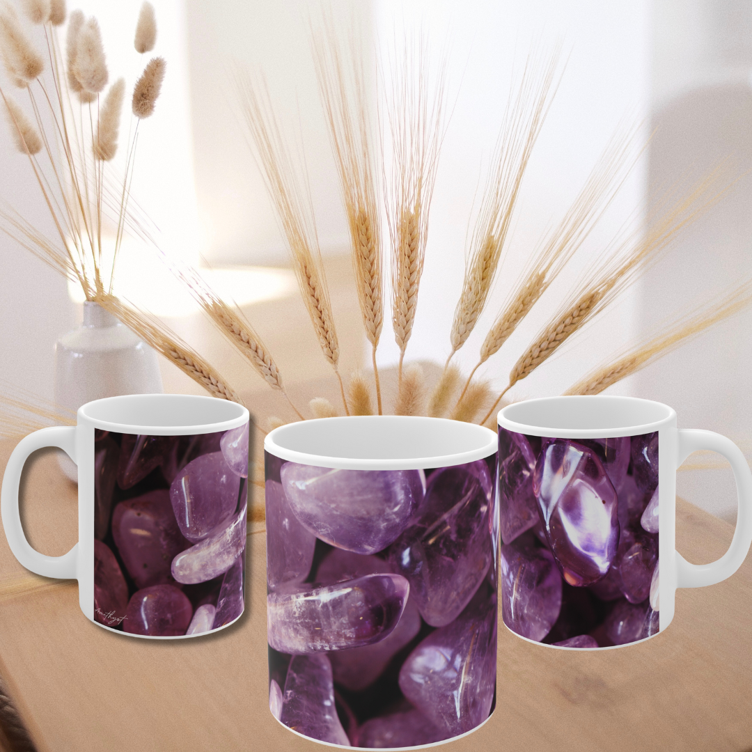 Boho Amethyst Stone Ceramic Mug - Crystals - Gemstones - Southwest Style Tea Cup, Perfect Gift for Crystal Lovers and Rockhounds 11 oz