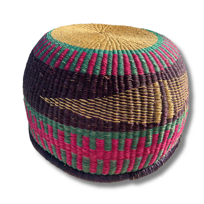 African Round Storage Bolga Ghana Woven Elephant Grass Basket -Large Pink No Handles