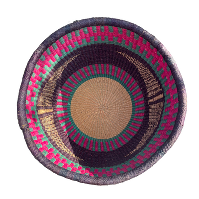African Round Storage Bolga Ghana Woven Elephant Grass Basket -Large Pink No Handles