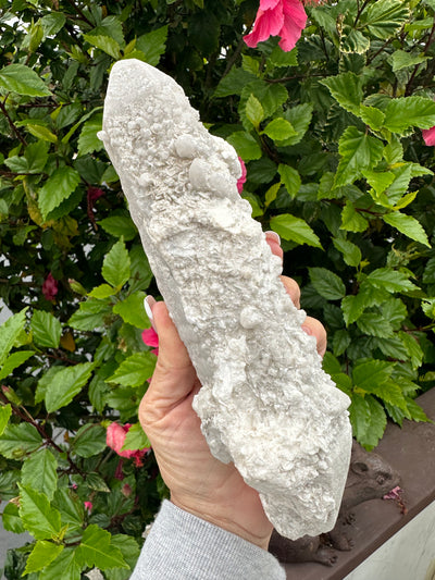 Double Terminated Twin Milky Candle Druzy Snow Quartz with Calcite, Inner Mongolia