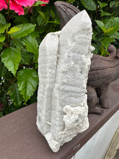 Double Terminated Twin Milky Candle Druzy Snow Quartz with Calcite, Inner Mongolia