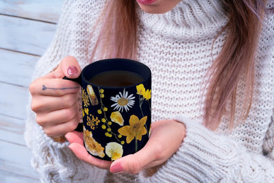 Boho Wildflowers Cottagecore Ceramic Mug with Pressed Flowers, Crystals, and Gemstones - Vintage Botanical Lover's Gift - Rockhound Lover's Tea Cup - 11 oz