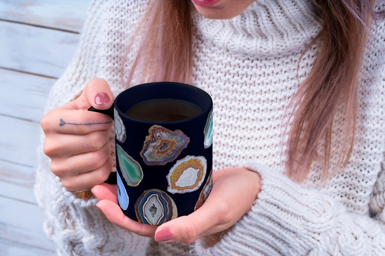 Boho Agate Geode Ceramic Mug with Crystals and Gemstones - Vintage Tea Cup, Perfect Gift for Crystal Lovers and Rockhounds