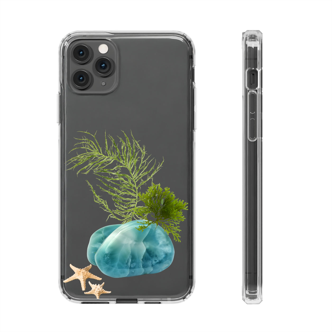 Crystal Clear Phone Case with Larimar Stone Tumble, Starfish and Seaweed | IPhone & Android| Crystal Lovers Gift