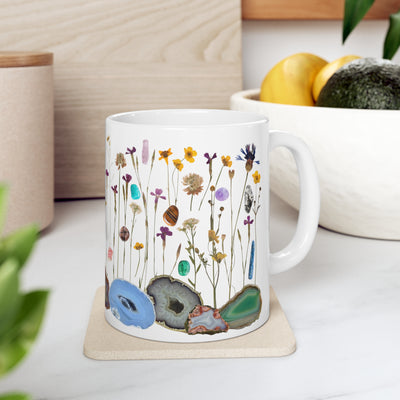 Boho Wildflowers Cottagecore Ceramic Mug with Pressed Flowers, Crystals, Agates and Gemstones - Vintage Botanical Lover's Gift - Rockhound Lover's Tea Cup - 11 oz