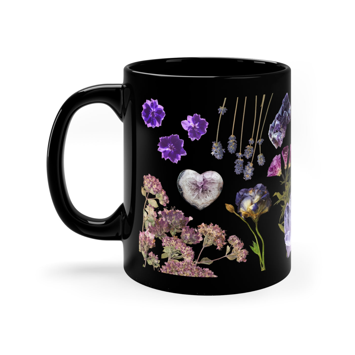 Boho Wildflowers Cottagecore Ceramic Mug with Pressed Flowers, Crystals, and Gemstones - Vintage Botanical Lover's Gift - Rockhound Lover's Tea Cup - 11 oz
