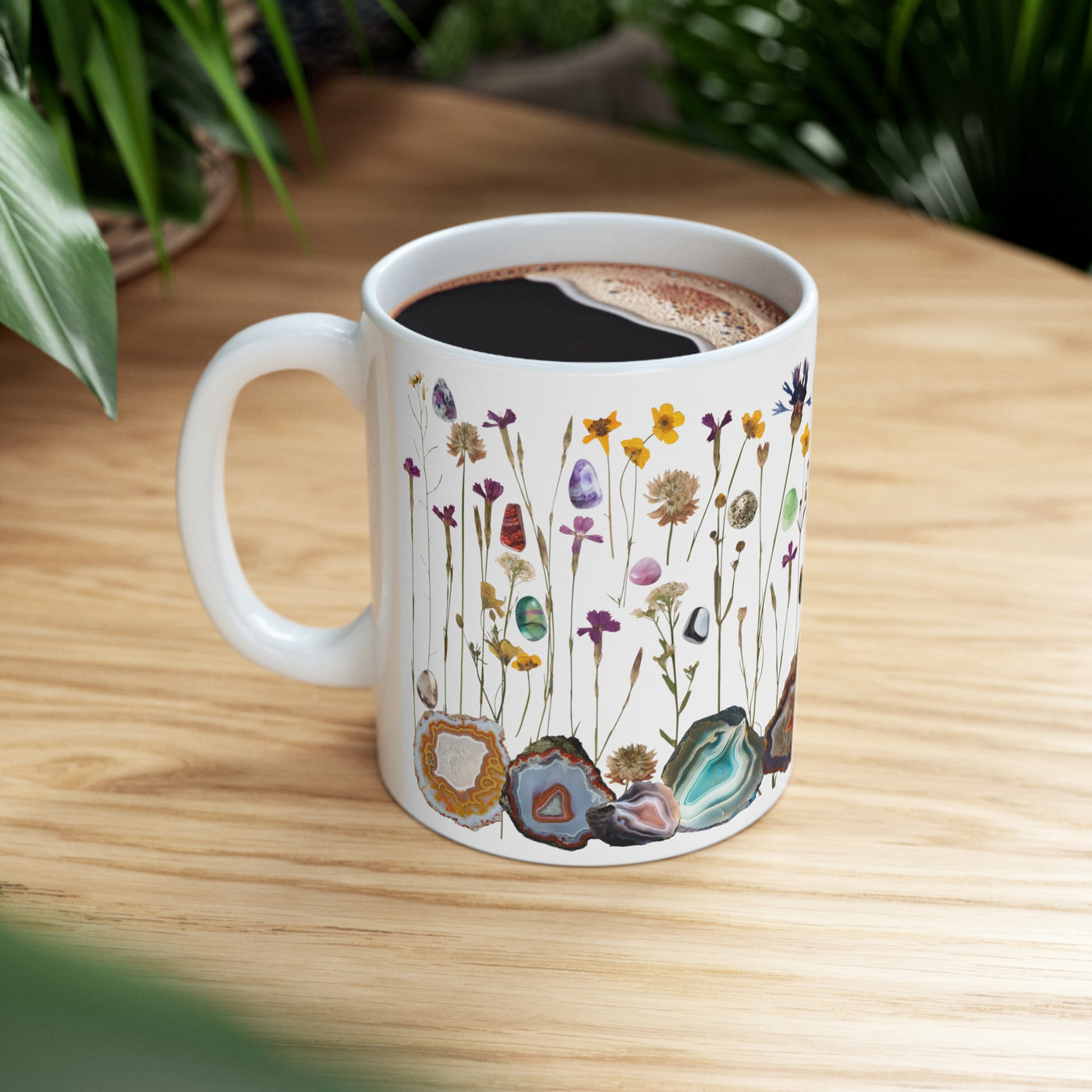 Boho Wildflowers Cottagecore Ceramic Mug with Pressed Flowers, Crystals, Agates and Gemstones - Vintage Botanical Lover's Gift - Rockhound Lover's Tea Cup - 11 oz