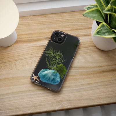 Crystal Clear Phone Case with Larimar Stone Tumble, Starfish and Seaweed | IPhone & Android| Crystal Lovers Gift